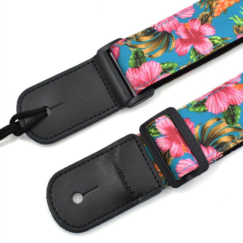 CLOUDMUSIC Ukulele Strap Tenor Concert Soprano Baritone Coloful Hawaii Floral Patterns For Adult Size Kids(Pink Hibiscus In Blue) - Image 3